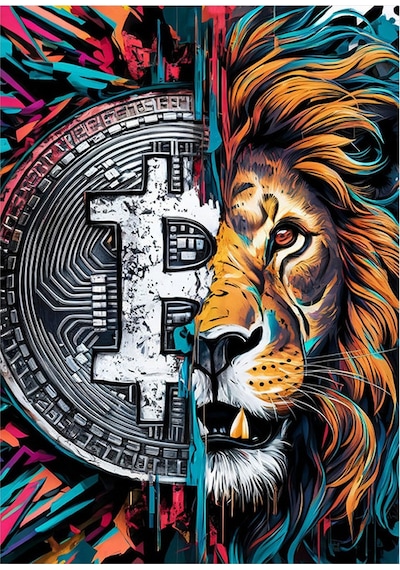 Aslan Ve Bitcoin Desenli Ahşap Tablo 35cm X50cm