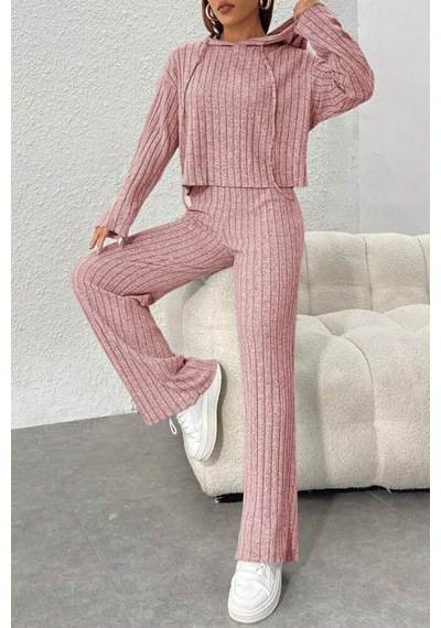 Bella Notte Siyah Fitilli Kapüşonlu Pamuklu Yumuşak Pijama Takımı Pembe
