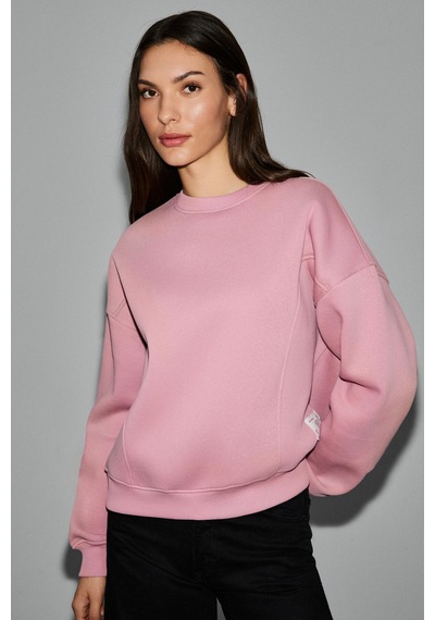 Grimelange Serenya Kadın Pamuklu Etiket Detaylı Bisiklet Yaka Pembe Sweatshirt Pembe