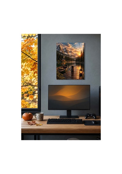 Gün Batımı Dağ Ve Göl Manzaralı Metal Tablo - Doğa Ve Kamp Temalı Duvar Dekoru, Metal Poster Wall Art Turuncu - 929073368 Turuncu - 929073368 Turuncu