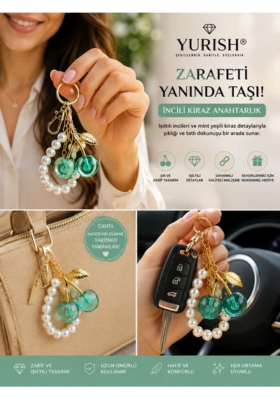 İnci Detaylı Mint Yeşili Kiraz Charm Anahtarlık Açık Yeşil