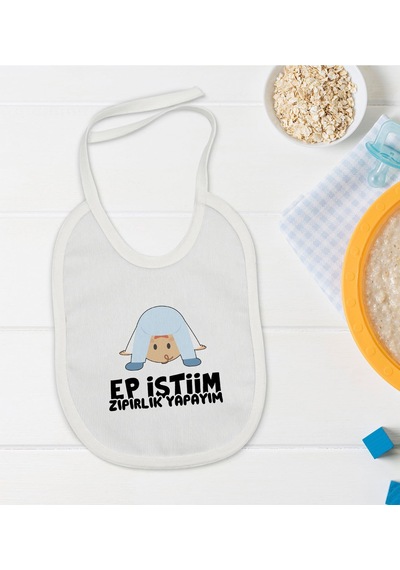 BK Kids Ep İsterim Zıpırlık Tasarımlı Beyaz Bebek Mama Önlüğü-1 Beyaz