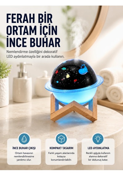 Projektör Işığı Bulunan Usb Bağlantılı Mini Aromaterapi Destekli Hava Nemlendirici