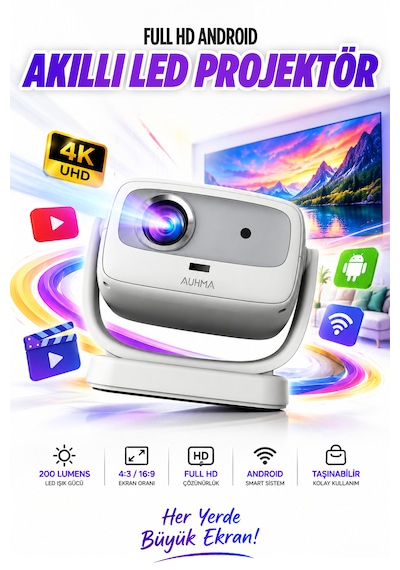 Auhma Apr1 180 Dönebilen 4k Destekli Android Akıllı Led Projeksiyon Cihazı Wi-fi 6 Ve Otomatik Od