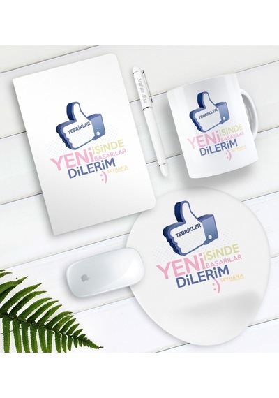 Kişiye Özel Yeni İşinde Başarılar Dilerim Defter Kalem Kupa Mouse Pad Seti-3