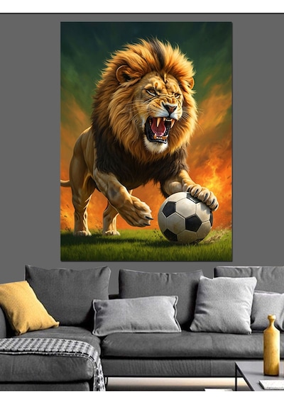 Ahşap Tablo Futbol Oynayan Aslan Resmi