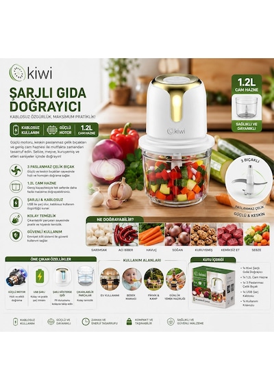 Usb To Type-c Şarjlı Mini 3 Bıçaklı Gold Blender Rondo Gıda Doğrayıcı 1.2lt Mika Kristal Hazne Kc-8221 Bx40