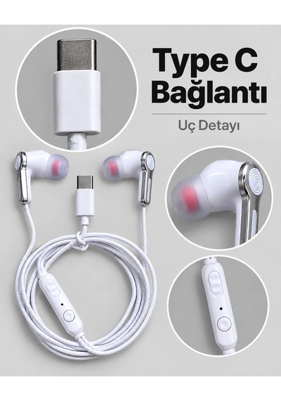 Nm Store Kumandalı Ve Silikon Başlıklı Beyaz Type C Kablolu Kulaklık