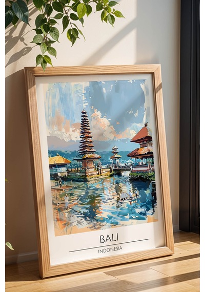 Endonezya Bali Temalı Çerçeveli Tablo Travel Serisi Modern İllüstrasyon Egzotik Duvar Dekoru Kayın