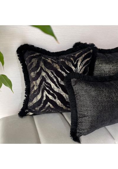 "noir Zebra" Püsküllü Kırlent Kılıfı Seti - Gold Gold - Siyah