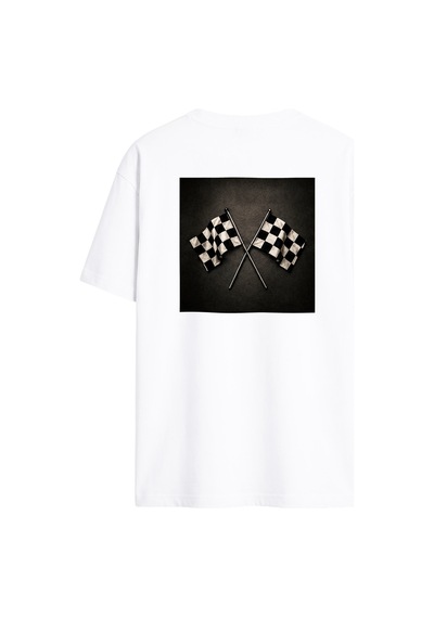 Black Nova Oversize Baskılı Unisex Tişört Race Flags Beyaz