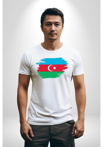 Azerbeycan Bayrağı Unisex Unisex Beyaz Organik Baskılı T-shirt Penye Yüksek Kalite Beyaz