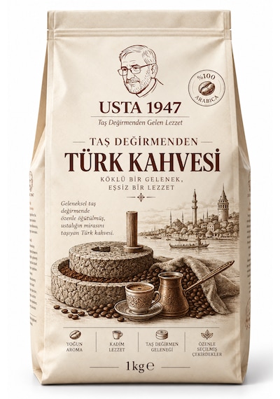 Usta 1947 Taş Değirmenden Türk Kahvesi 1 Kg Orta Kavrum - Yumuşak İçim Öğütülmüş