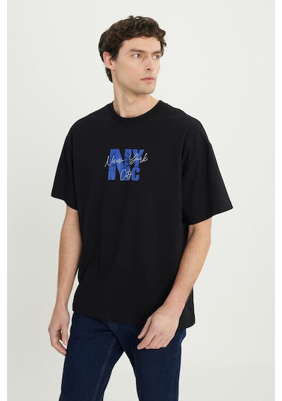 AC&Co / Altınyıldız Classics Erkek Sıyah Lacı Oversize %100 Pamuk Geniş Kesim Baskılı Bisiklet Yaka Tişört Sıyah Lacı