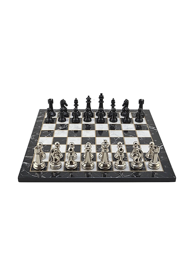 Gifthome Premium Black Metal Klasik Satranç Takımı Ve Mermer Desenli Düz Mdf Tahtası 37x37 Cm.