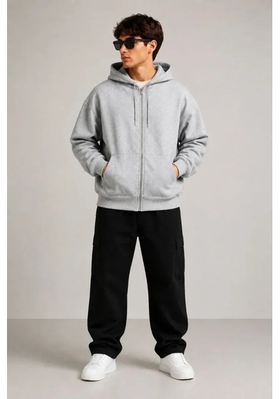 DefyModa Erkek 3 İplik Şardonlu Tam Fermuarlı Kapüşonlu Arka Çanta Detaylı Sweatshirt - Gri