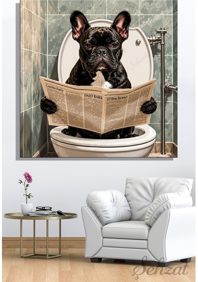 Kare Kanvas Duvar Tablosu Banyo Koridor Kafe Veteriner Ofis Cafe Tuvalette Gazete Okuyan Bulldog Çok Renkli