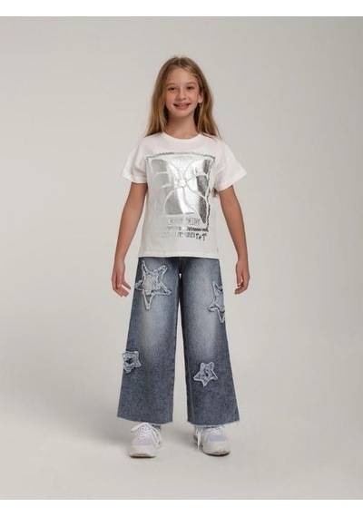 Escabel Kız Çocuk Pamuklu Gümüş Varak Desenli Tasarım T-shirt-15616 Beyaz