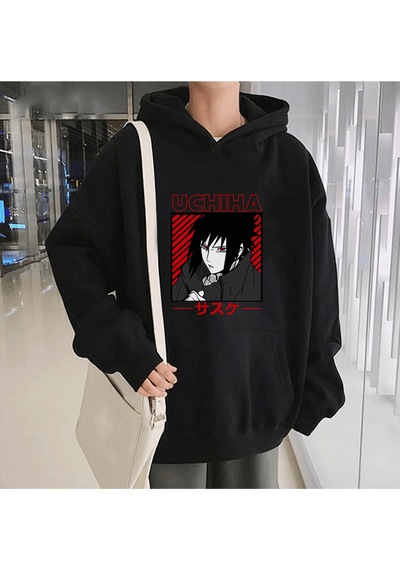 Anime Uchiha Sasuke Kapşonlu Sweatshirt Siyah