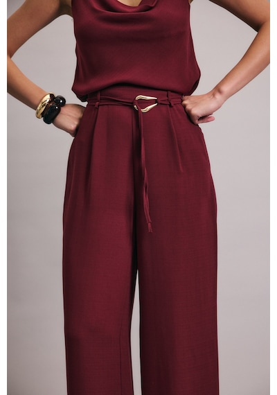 Sateen Kemerli Salaş Pantolon - Mürdüm-136697 Mürdüm