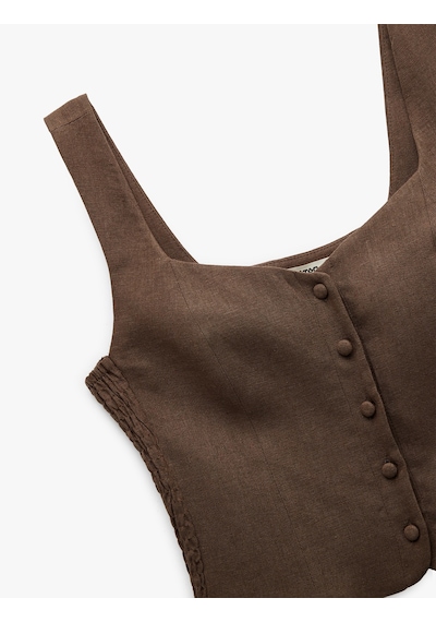 Koton Astarlı Düğmeli Askılı Keten Crop Bluz Kahverengi 5sak30104pw Kahve