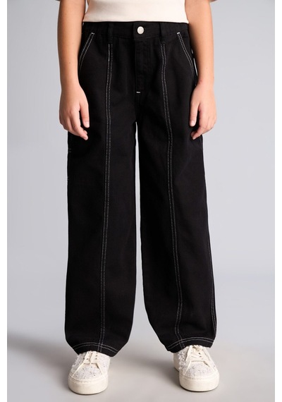 Defacto Kontrast Dikişli Barrel Fit Esnek Bantlı Paça Gabardin Pantolon Kız Çocuk I3480a826wnbk81 Siyah-bk81