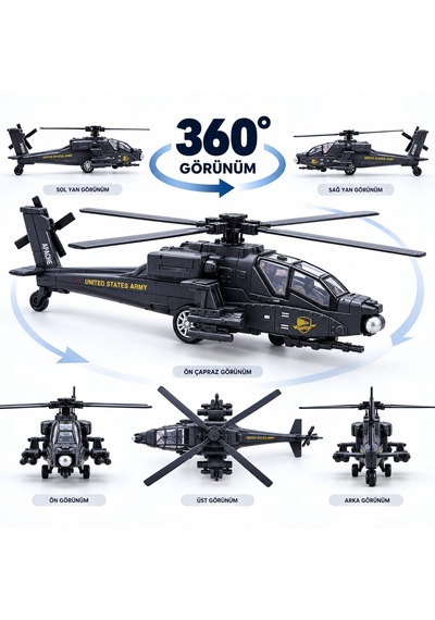 Oyuncak Helikopter Metal Sesli Işıklı Çek Bırak Askeri Savaş Apaçi Apache Helicopter Diecast Model 23 Cm