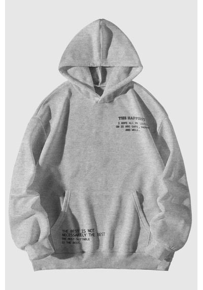 Unisex Happiest Baskılı Oversize Kapşonlu Sweatshirt Gri