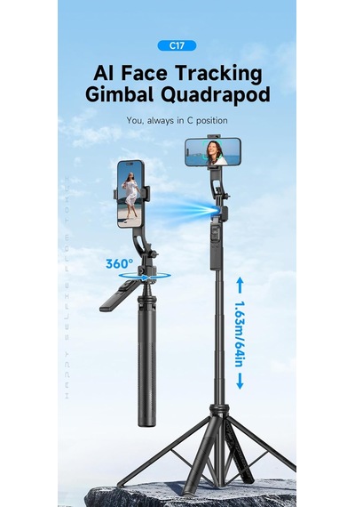 Aı Yüz Takipli Selfie Çubuğu, 163 Cm Uzunluk, 4 Ayaklı Tripod, 360 Dönebilen Gimbal, Siyah