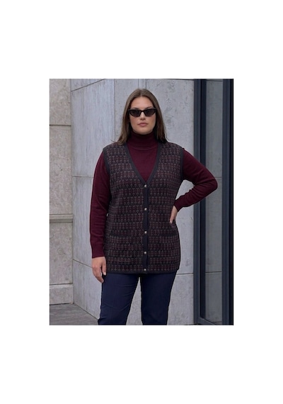 Onno Style Women Desenli Çelik Örgü Klasik Triko Yelek Bordo - Lacivert