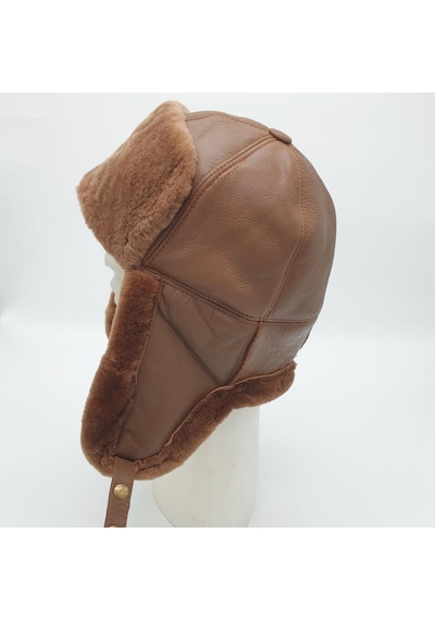 Pilot Model İçi Kürklü Camel Renk Deri Şapka Siyah
