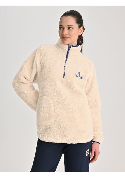 Fenerbahçe Ekru Trend Biye Detaylı Peluş Kadın Oversize Sweatshirt