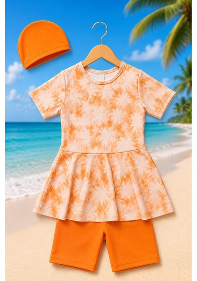My Kids Wear Kız Çocuk Desenli Şortlu Bone Li Mayo Takımı 12872 Turuncu