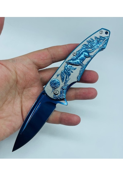 Tobaccotürk724 Kurt Kabartmalı Kamp Bıçak Yarıoto Mavi Metal 20cm Kamp Çakı//ystl2916bl Mavi
