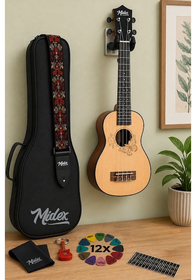 Midex Spa-261 Ladin Ağacı Kelebek Desenli Kaliteli Soprano Ukulele Seti