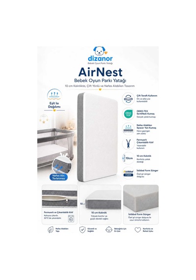 Airnest Bebek Oyun Parkı Yatağı 10 Cm Destekli Nefes Alan Spacer Kumaşlı Fermuarlı Yıkanabilir Kılıflı Park Yatak Minderi