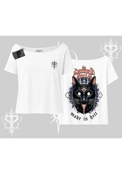 Tarzsokak Gothic Cat Made İn Hell Baskılı Sweatshirt Kayık Yaka Tshirt Beyaz