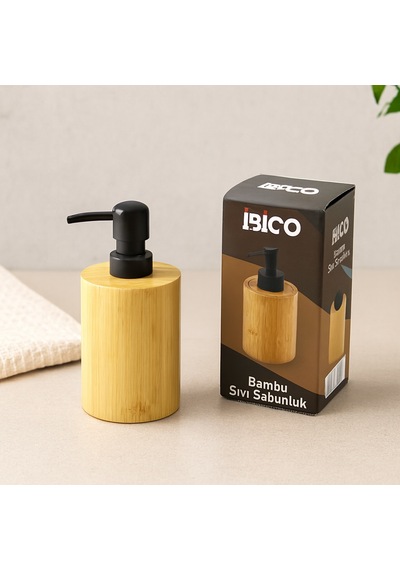 Yuvarlak Bambu Sıvı Sabunluk Ø7.8 Y10.8 Cm - Siyah Pompa 000 Açık Krem