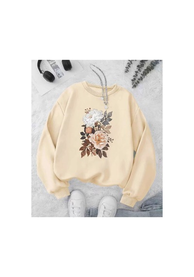 Herkesemoda Soft Güller Baskı Detaylı Bisiklet Yaka Sweatshirt Bej