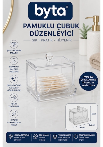 Şeffaf Kapaklı Pamuklu Çubuk Düzenleyici Kutusu Kulak Çubuğu Organizeri Ve Banyo Düzenleyici Şeffaf