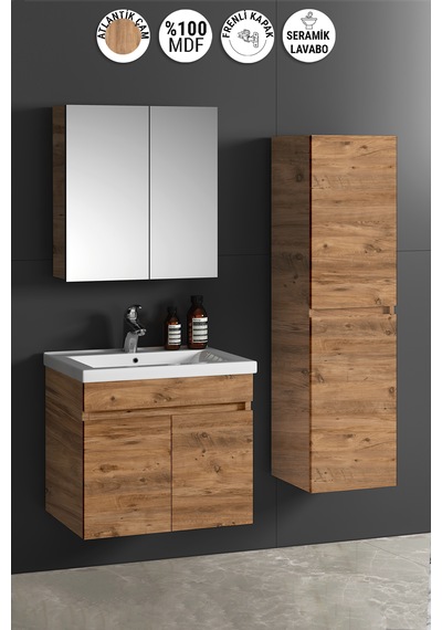 Çiğdem 65+35 Cm Atlantik Çam Mdf Seramik Lavabolu Asma Banyo Dolabı Takımı Beyaz