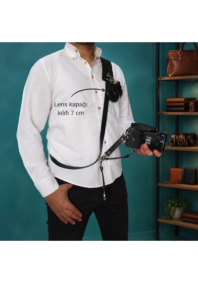 Siyah Renk Fotoğraf Makinesi Tek Taraflı Omuz Askısı Nikel Renk Aksesuar