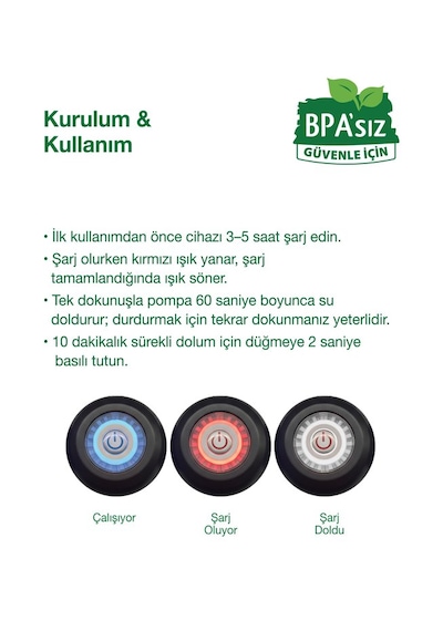 Bpa'sız Şarjlı Damacana Pompası Bpa'sız Boru 10l - 15l - 19l 1200 Mah Beyaz