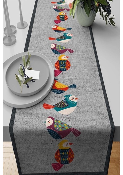 Lexroo 40x140cm Premium Tay Tüyü Dokuma Leke Tutmaz Kumaş Masa Örtüsü Runner Otantik Kuşlu Rnr209 Çok Renkli
