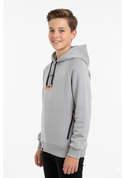 Kapüşonlu Fermuarlı Cepli Erkek Çocuk Sweatshirt-90915 Gri