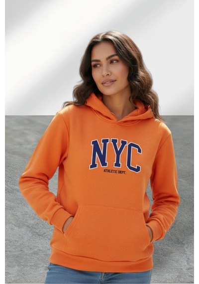 Uyguntarz Unisex Nyc Tasarım Baskılı Kapüşonlu Sweatshirt Turuncu
