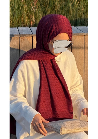 Qalortex Scarf Premium Pamuklu Jakar Şal-bordo