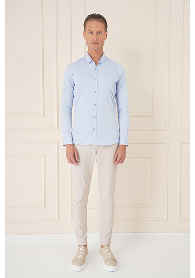 Efor Slim Fit Düğmeli Yaka Esnek Pamuk Klasik Mavi Gömlek Gk 727 Mavi
