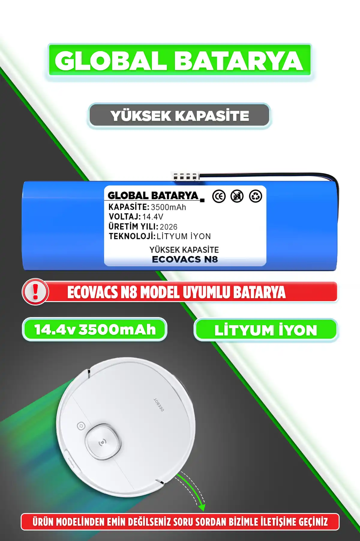 Ecovacs Deebot N8 Uyumlu Robot Süpürge Batarya 14.4v 3500mah Li-ion Pil Yüksek Kapasite