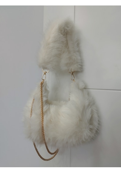 Vivazzaluxe Vintage Peluş Kürk Model Sonbahar, Kış Tote Bag Kadın El, Omuz, Çapraz Çanta Beyaz